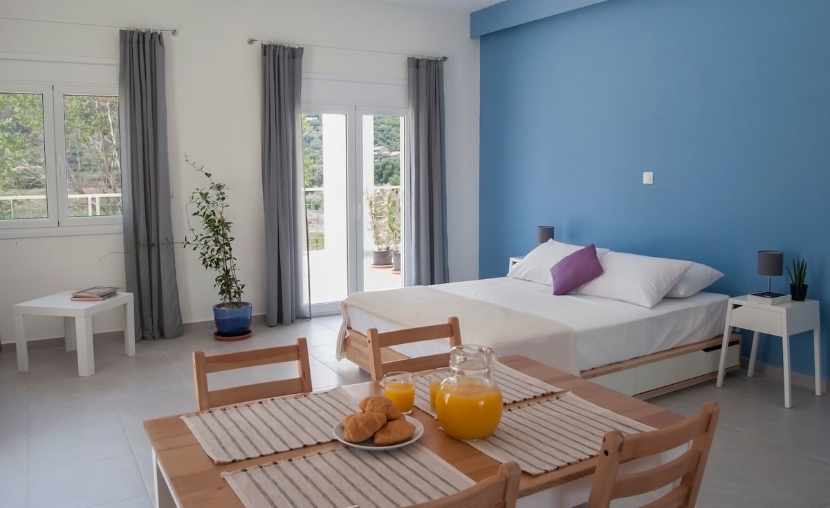 The spacious studio features light-colored walls paired with a blue accent wall. A large bed is positioned next to a small nightstand, while a dining area with a wooden table and chairs is present. Natural light is provided by glass doors leading to a terrace.