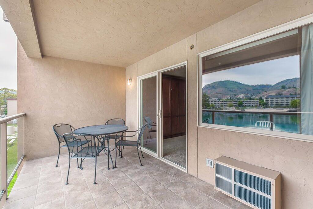 Outdoor patio with lake views