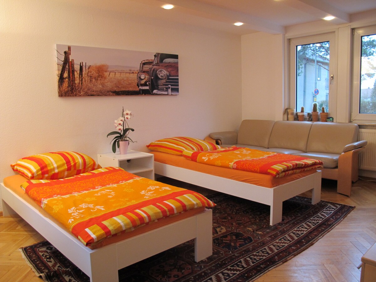 Room lounge, three single beds (90x200), 3 people, with LCD satellite TV, DVD player, radio, disc player, wardrobe, ground floor. 