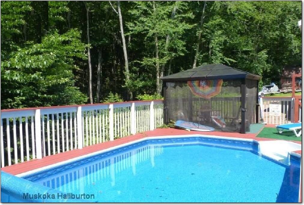 screened cabana by the pool.