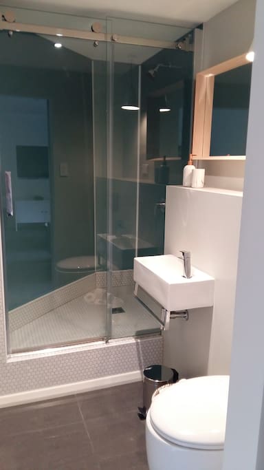 Modern bathroom shower, toilet and handbasin