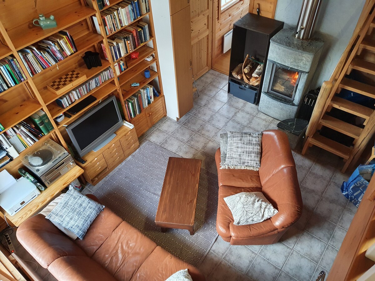 A living area is presented with wooden bookshelves filled with various books. Two brown leather sofas are positioned around a rectangular wooden coffee table. A television is situated next to the fireplace, which features stone elements. A staircase leads to the upper level.
