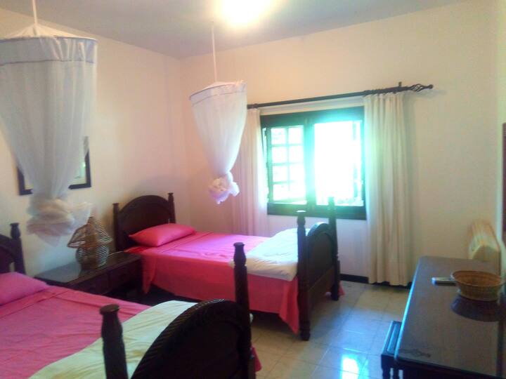 Air-conditioned Bedroom 1 with 2 beds,Mosquito nets provided and installed.