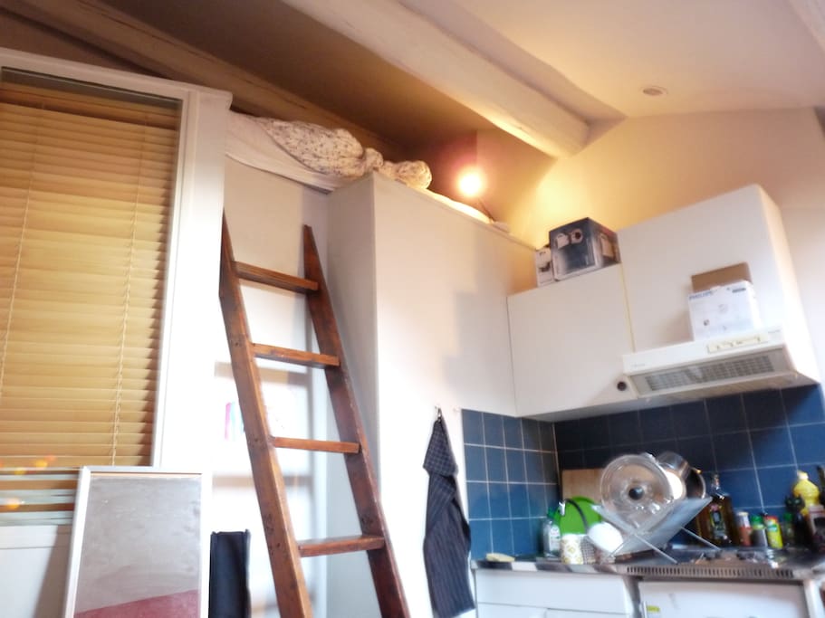 La mezzanine (grand lit double) se trouve en haut de cette grande échelle, elle comporte une prise et un coin pour poser ses affaires