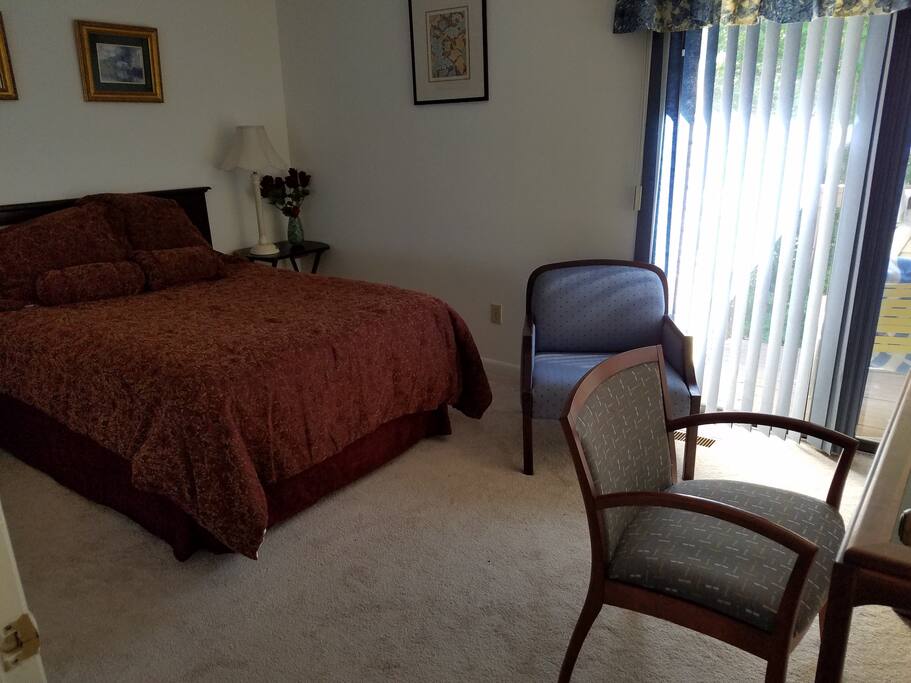 bedrooms are all on the second floor, separated from living area, you could have a quiet time to rest. This room has more florae design, more for the lady. and easily to put an addition folding single bed. This room has a boucane french door.