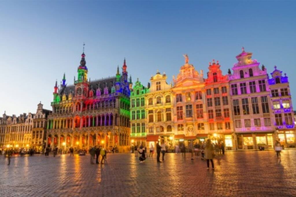 Grand Place with colorful lighting at Dusk in Brussels belgium