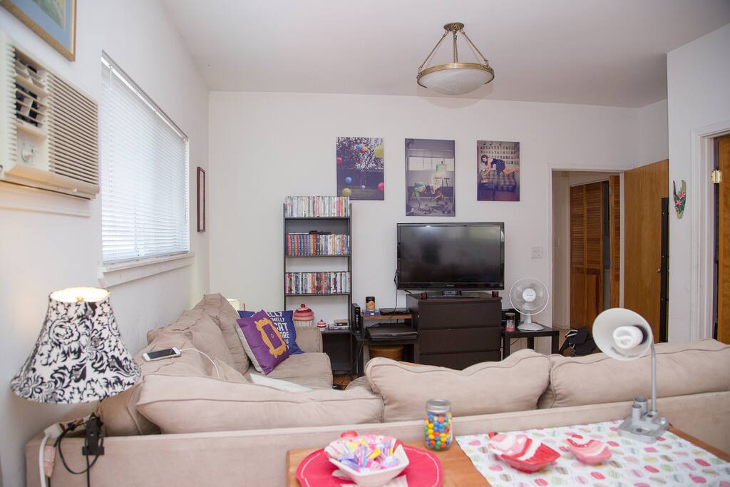 TV with DVD player and basic cable.