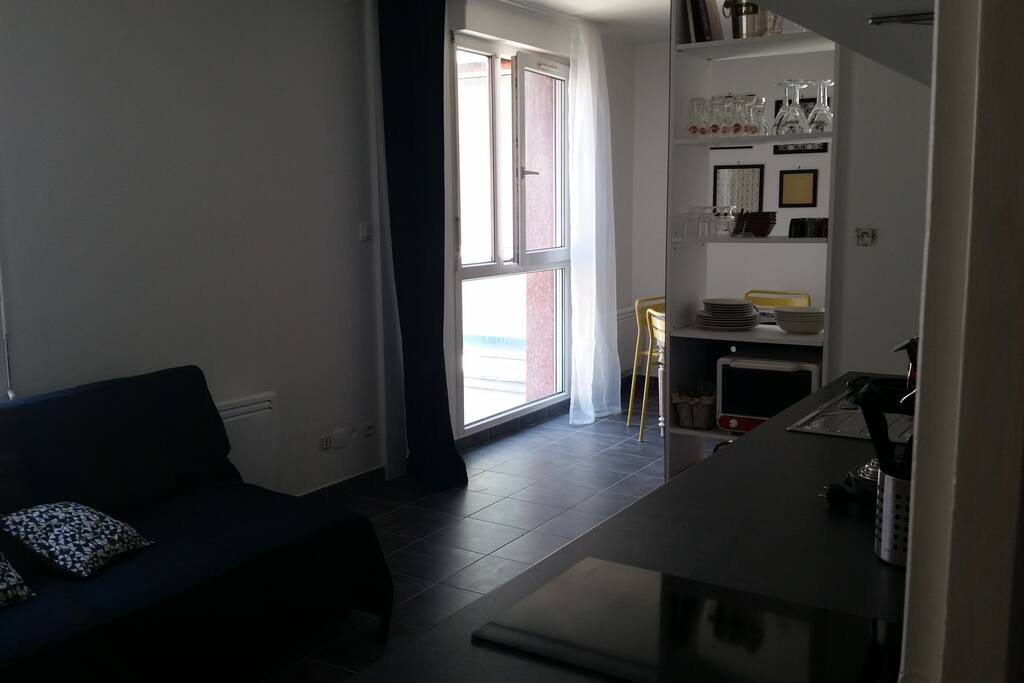salon avec canapé convertible et espace table à manger 4 personnes. espaces pouvant être séparés par un rideau noir opaque.