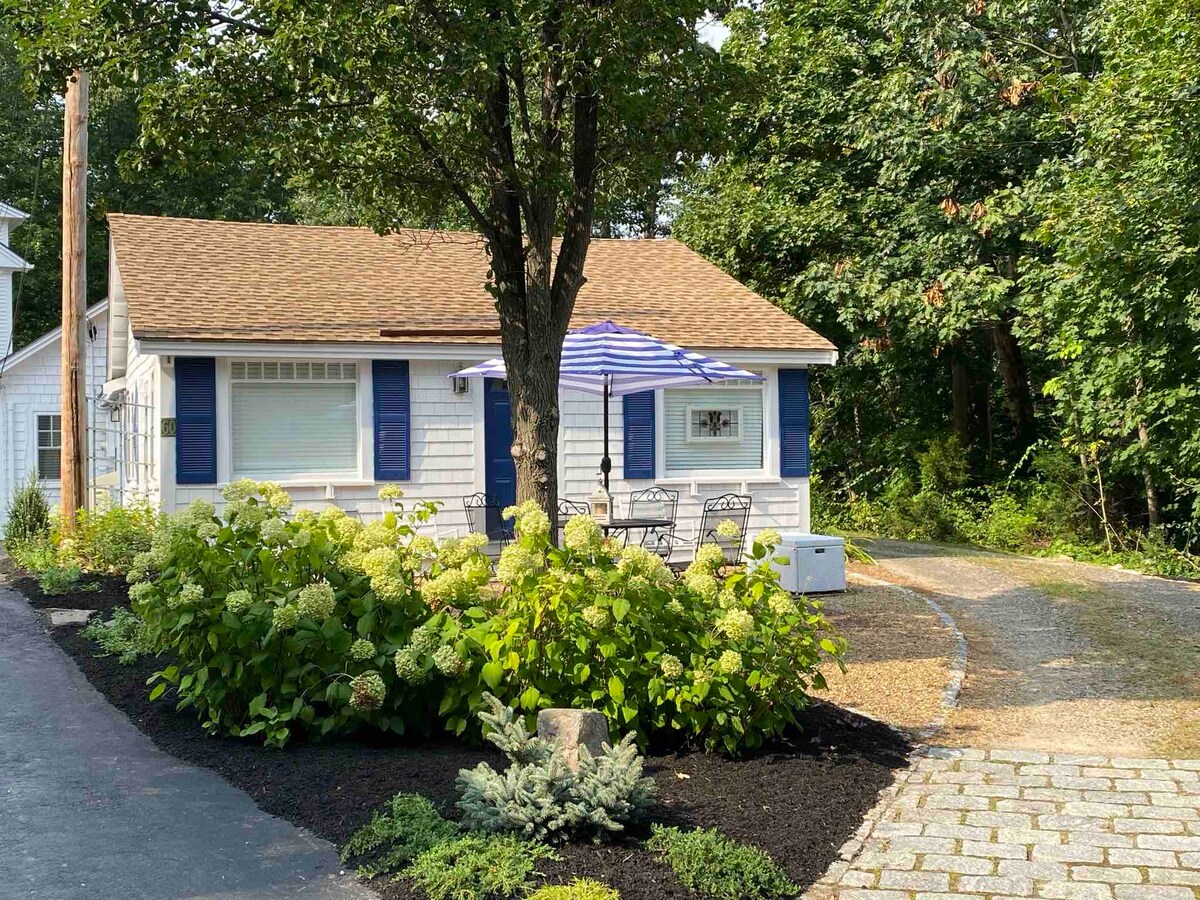 A classic Maine cottage is framed by lush greenery and flowering shrubs. A gravel pathway leads to the entrance, while a shaded patio area features a table with chairs and an umbrella. Blue shutters complement the exterior against a backdrop of trees.