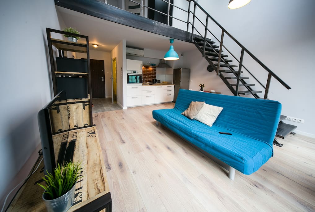 Bright living room with double sofa bed, flat screen TV, big windows and a dining area