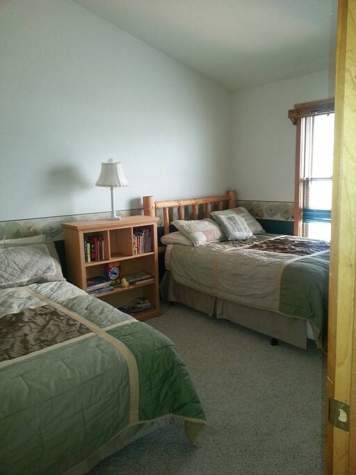 Bedroom 2 on the main floor has two full sized beds, bookshelf and closet