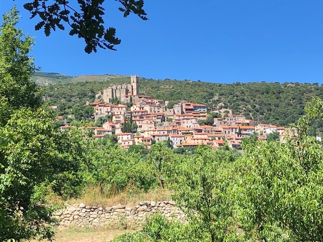 A scenic view showcases the village of Eus, nestled in the hillside. The landscape features traditional buildings with red-tiled roofs, surrounded by lush greenery. A distant stone structure, possibly a castle, adds character to the charming hillside setting under a clear blue sky.