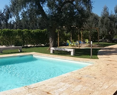 A refreshing pool is surrounded by a spacious stone patio, featuring olive trees and neatly trimmed hedges. Colorful outdoor seating is present under a wooden pergola, offering a welcoming space for relaxation in the sunshine.