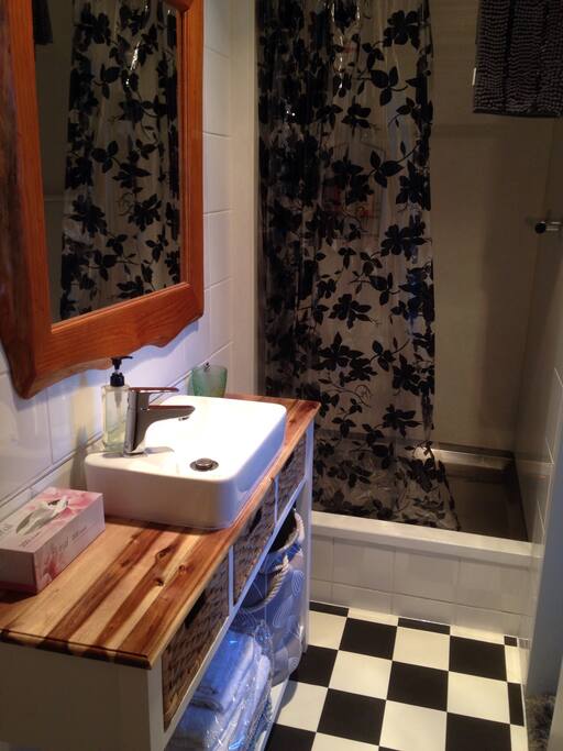 Great high presser shower "please turn fan on and off after shower "there is hair dryer and towel heater also light heater. Shampoo ,conditioner and soap ect. Towels ,hand towels.
