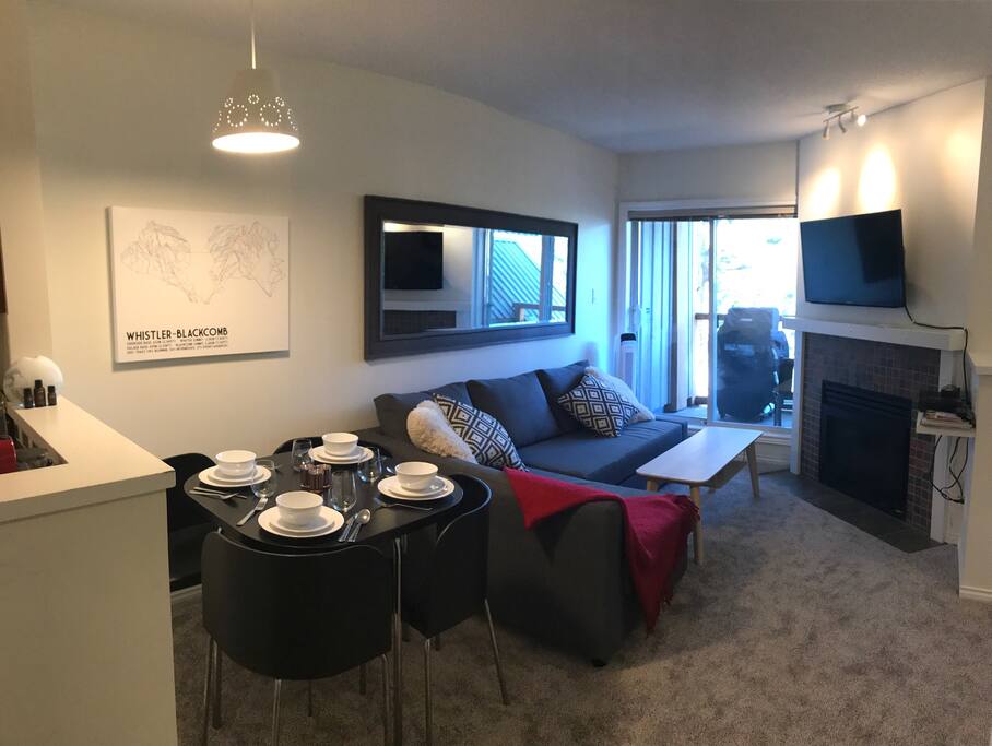 Dining/living space with sofa bed