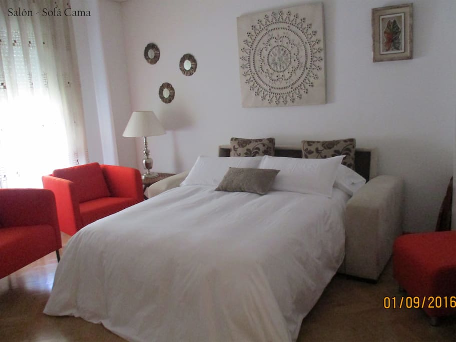 Sofá cama abierto con capacidad para 2 personas. Muy cómodo, a estrenar.