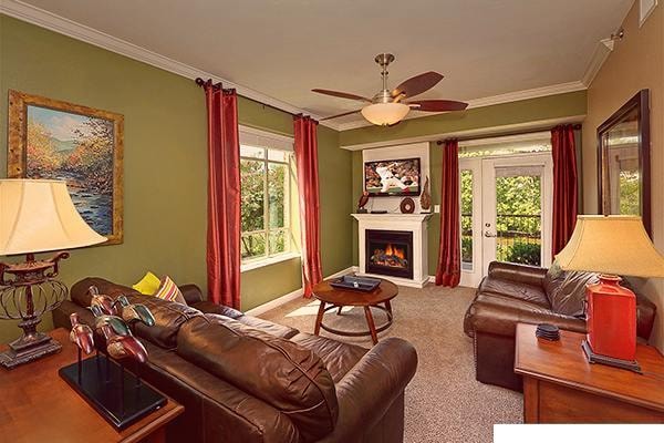 A living area features warm green walls and large windows allowing natural light. Two brown leather sofas are arranged around a coffee table, while a television sits atop a cabinet. A ceiling fan provides airflow, and a cozy fireplace adds to the comfort.