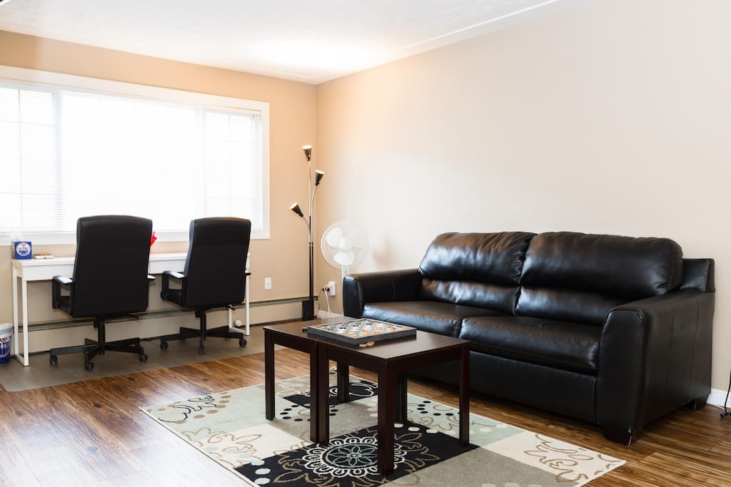 Large living room with sofa bed + Executive office chairs and desk + Free Unlimited High Speed Wifi for streaming free Netflix movies on 50" flat TV with Roku 3.