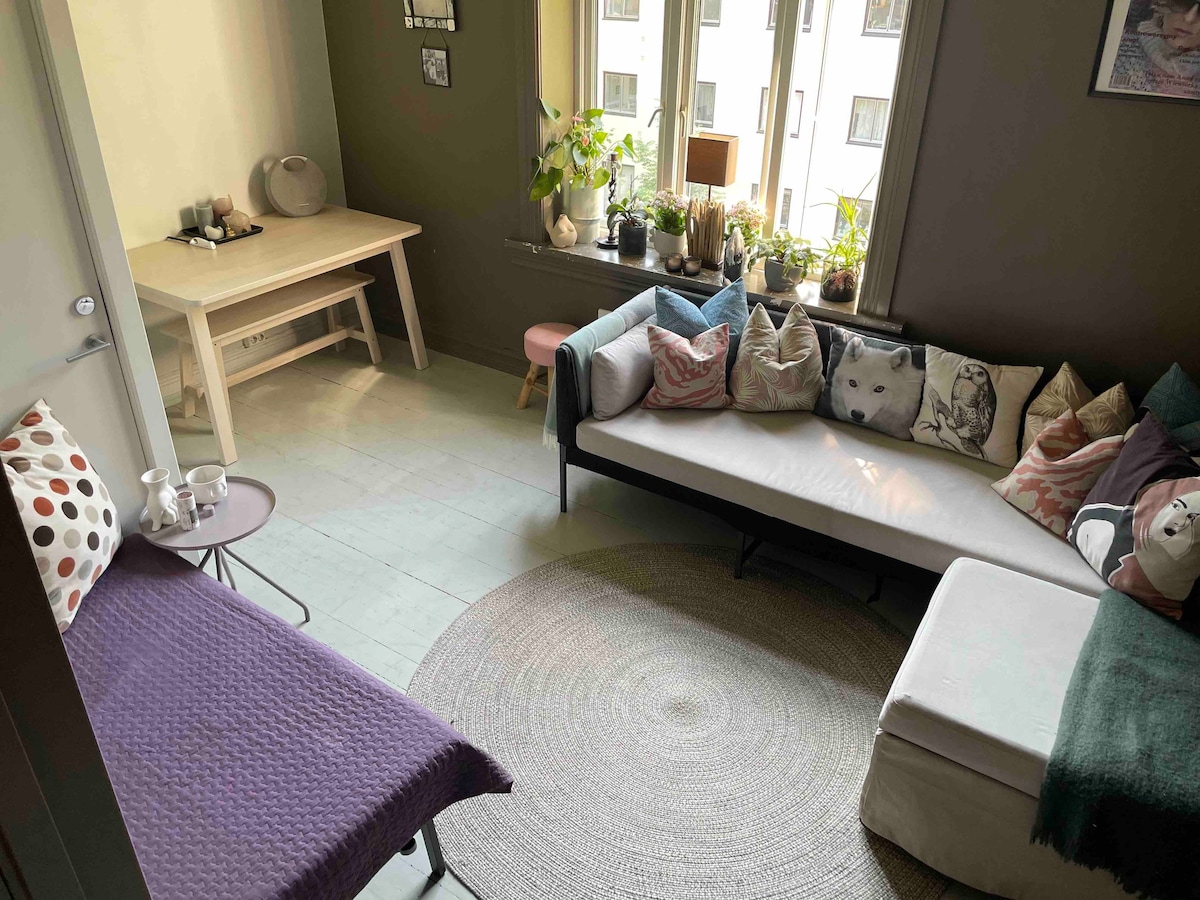 A spacious living area features a combination of seating options, including a sectional sofa adorned with various cushions and a cozy armchair. A round area rug adds texture to the floor, while natural light filters through large windows, highlighting plants on the sill and a modest dining table in the background.