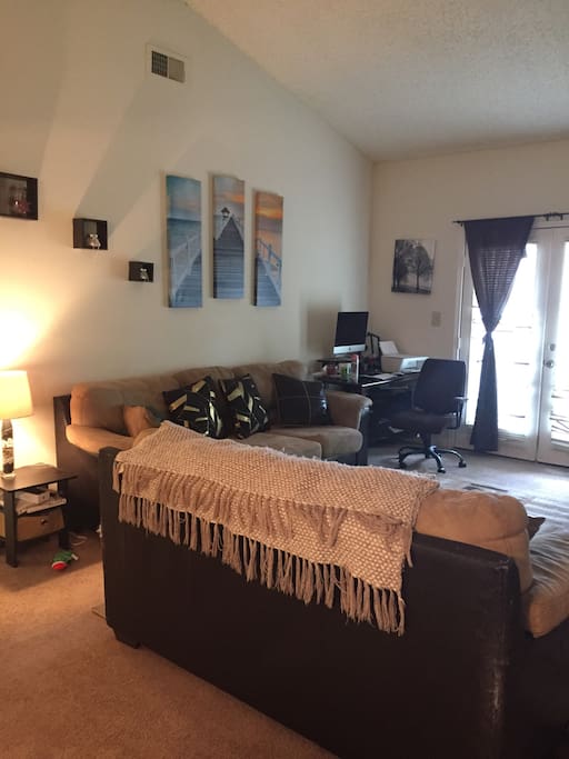 The living room has two couches and a 55 inch t.v. With cable. We also have a fire place for cold nights!