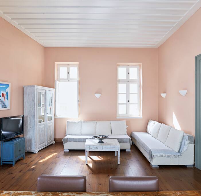 high ceilinged living room