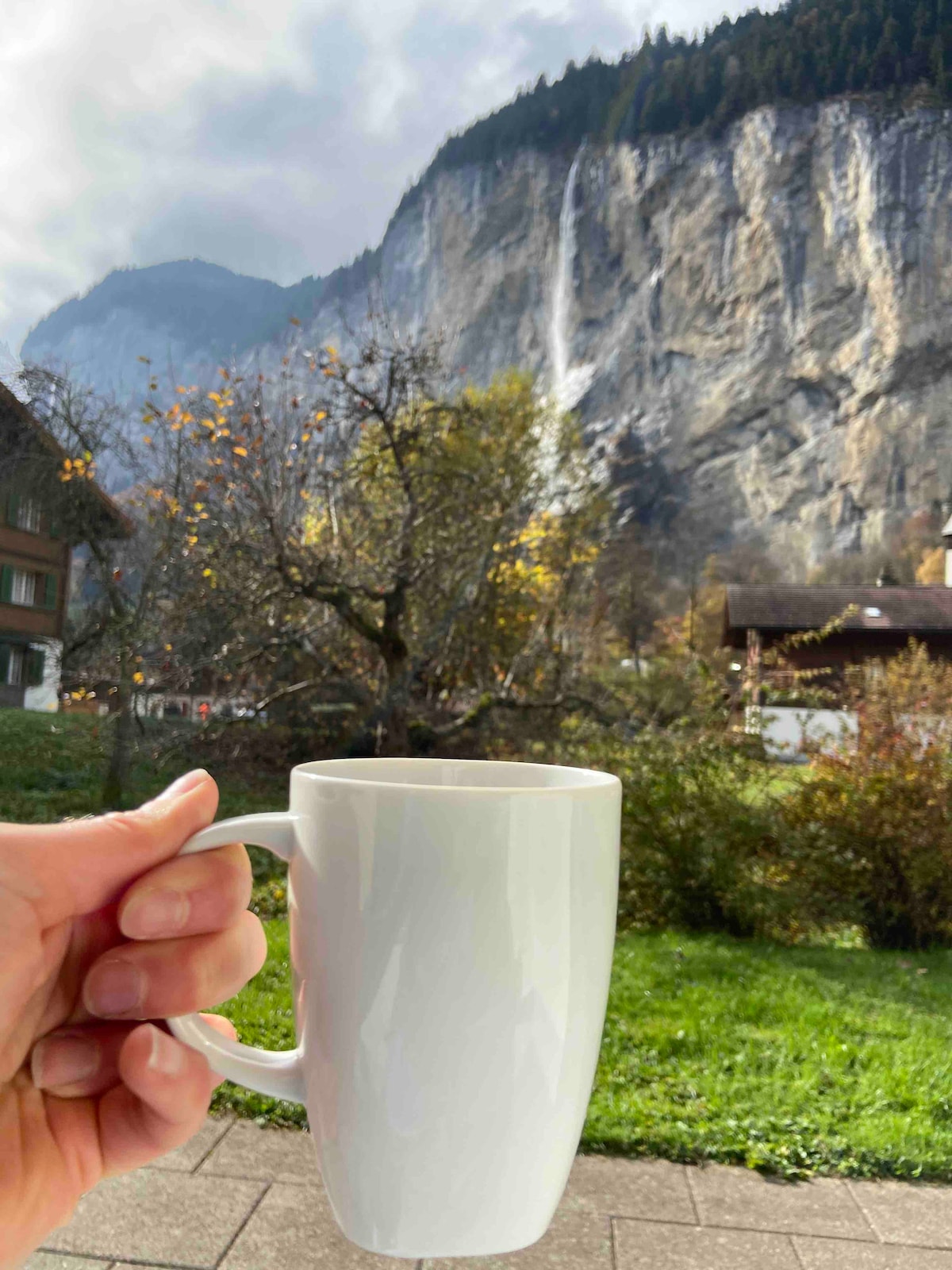 A white coffee mug is held in front of a scenic view of a mountain landscape. The background features a waterfall cascading down a rocky cliff and trees with autumn foliage. The well-maintained grass and pathways are visible, adding to the tranquil setting.