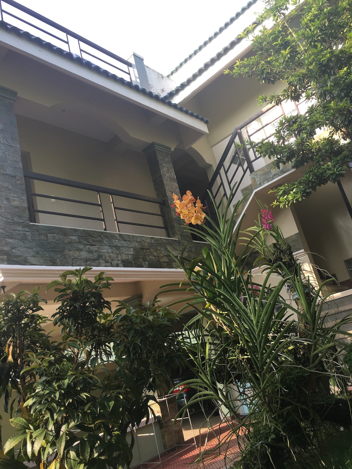 The exterior of the building showcases a combination of stone and traditional architecture, framed by lush greenery. Tall plants with vibrant flowers are visible in the foreground, adding a lively touch to the surroundings. The upper balcony offers an airy view of the entrance.