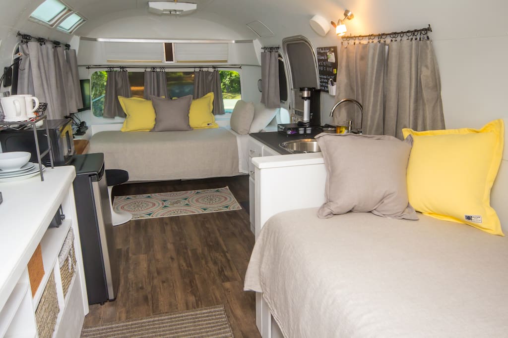Completely remodeled vintage Airstream interior.