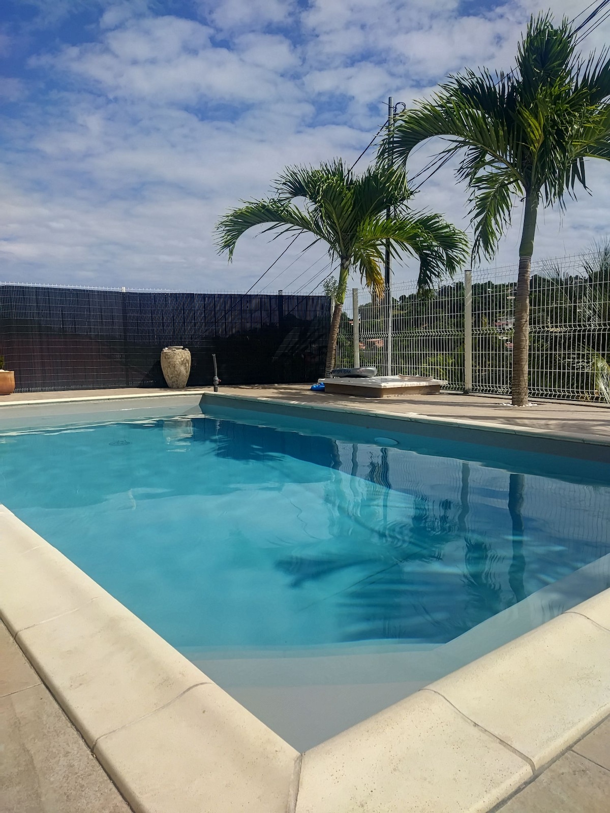 A serene swimming pool is surrounded by tiled decking and palm trees. The clear blue water reflects the sky, creating a tranquil ambiance. An ornamental pot and a fence line the pool area, showcasing a blend of nature and relaxation.