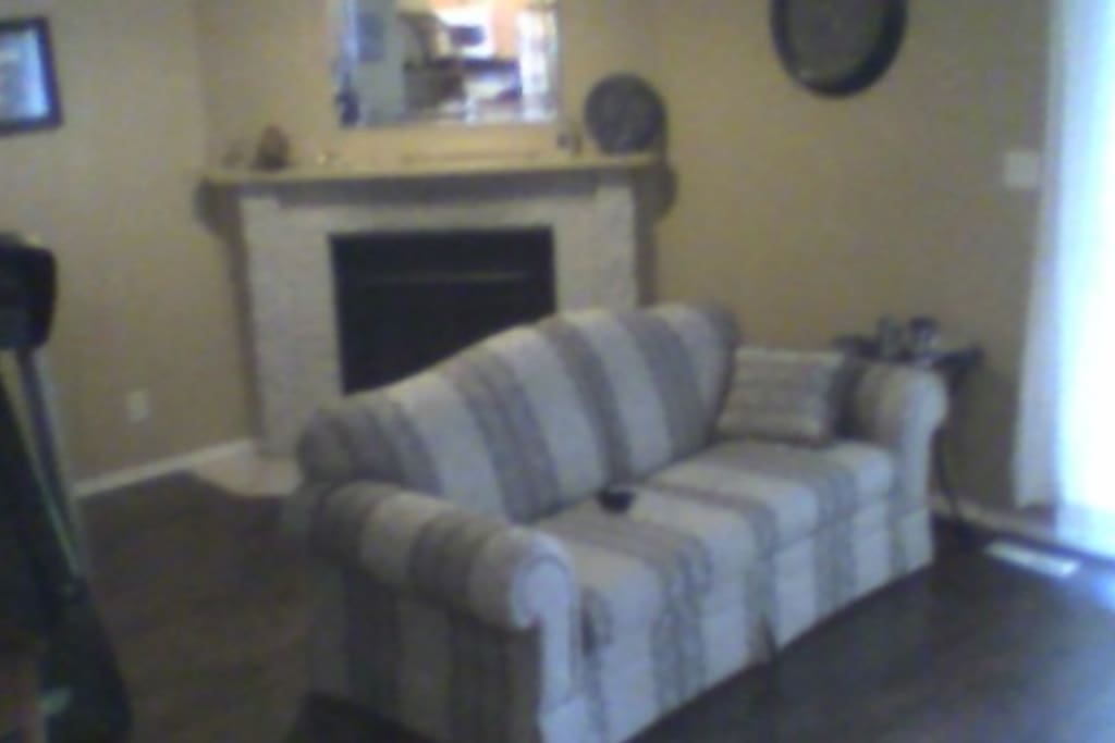 Living room with pull out couch and treadmill, fireplace