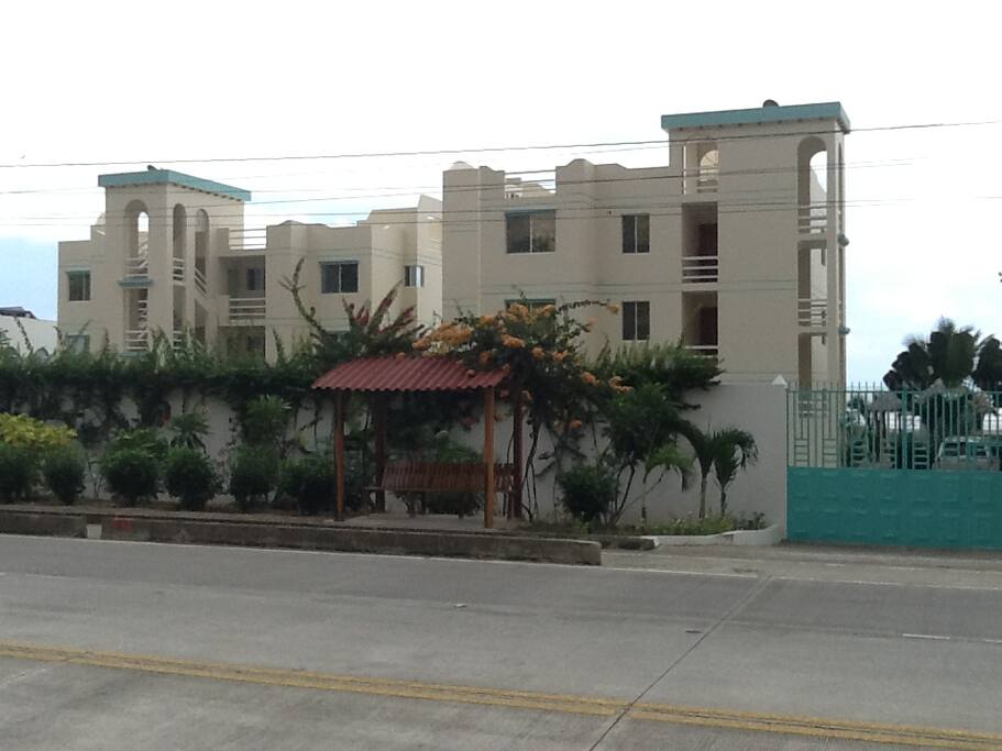 South and Middle towers from the street including bus stop.