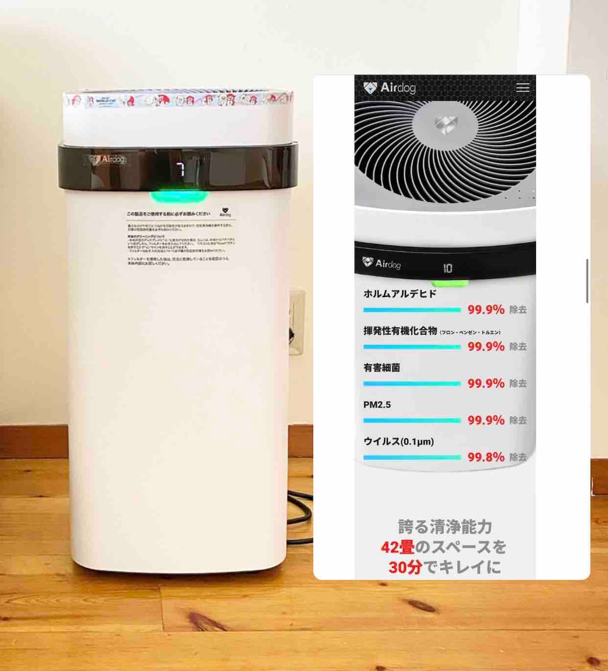 An air purifier is positioned in a corner of the room, showcasing its sleek design. The display screen indicates various air quality metrics, highlighting its effectiveness in removing pollutants and allergens. The wooden floor complements the modern aesthetic of the purifier.