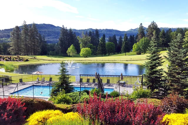 A serene landscape is captured, featuring a calm pond with a fountain surrounded by lush greenery and trees. In the foreground, vibrant flowering plants frame a well-maintained pool area, inviting relaxation amid natural beauty.