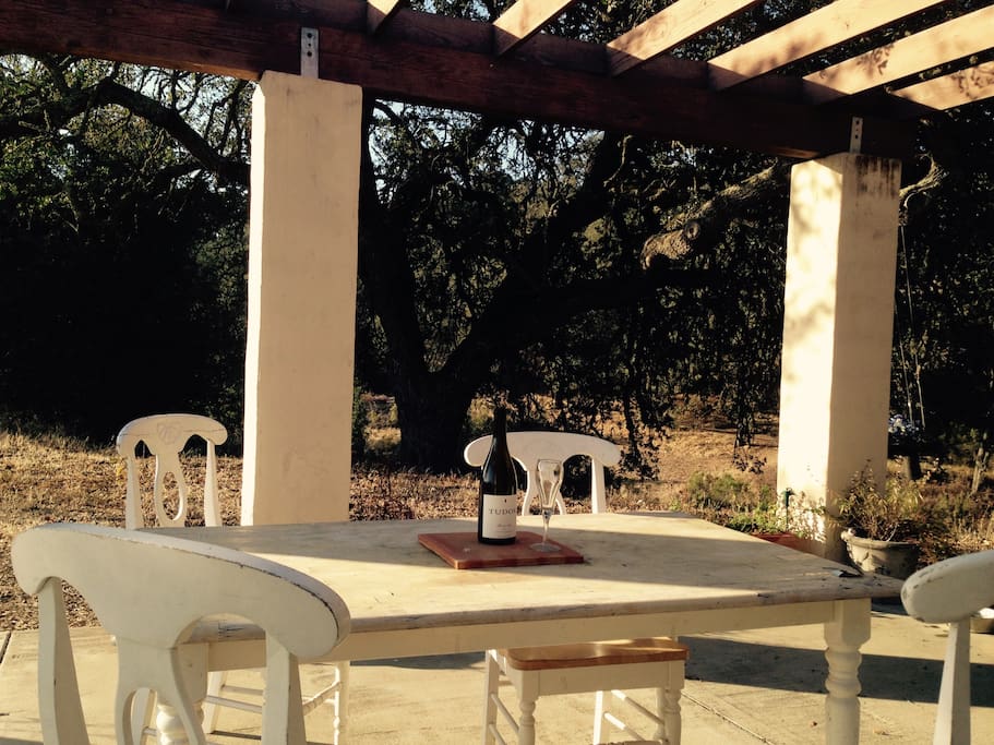 back patio, view of oaks, creek with French table and 4 chairs