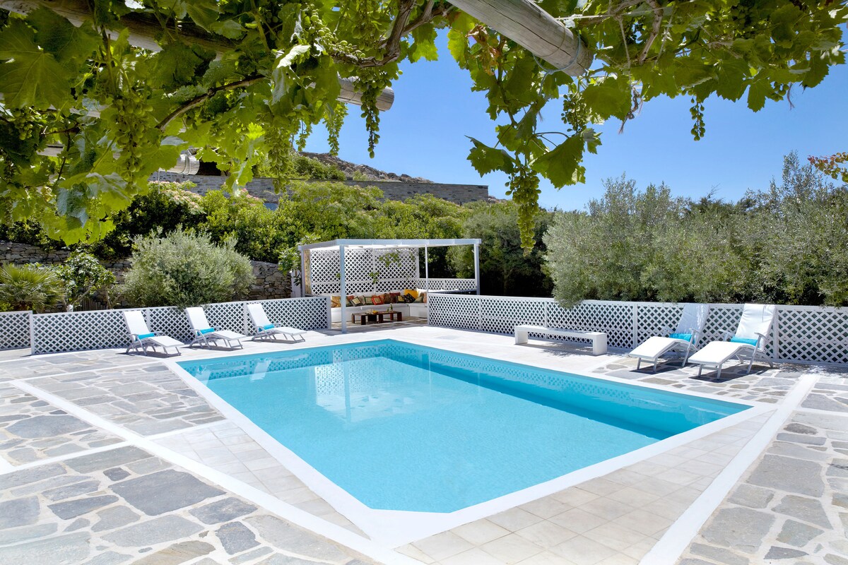 The outdoor pool area features a large, rectangular freshwater pool surrounded by sun loungers. A shaded lounge area with a mini bar is located nearby, and the space is framed by lush greenery and flowering vines, creating a serene and inviting atmosphere.