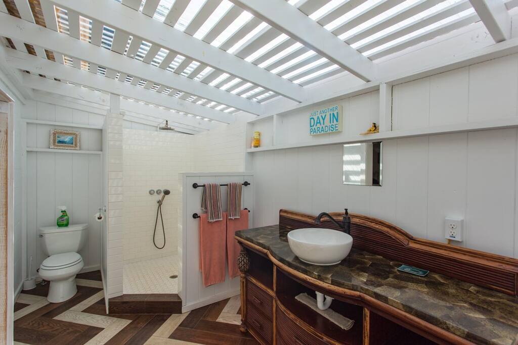 Spacious bathroom with clear roof for natural light