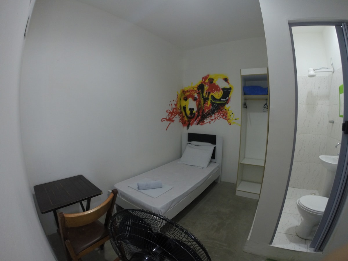 A simple room features a single bed with a white bedspread and a folded towel. A small wooden table with a chair is positioned nearby. A colorful mural of three lions adorns one wall. A closet with hangers and an en-suite bathroom are visible.