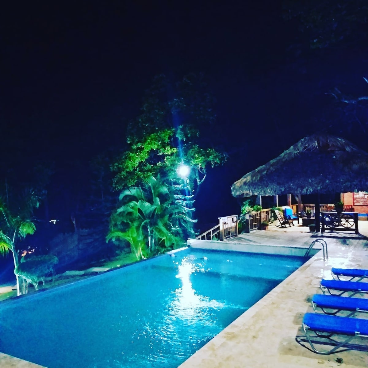 A refreshing swimming pool is illuminated at night, surrounded by lush greenery and a thatched-roof gazebo. Comfortable lounge chairs are positioned nearby, providing a relaxing space for guests to enjoy the serene environment.