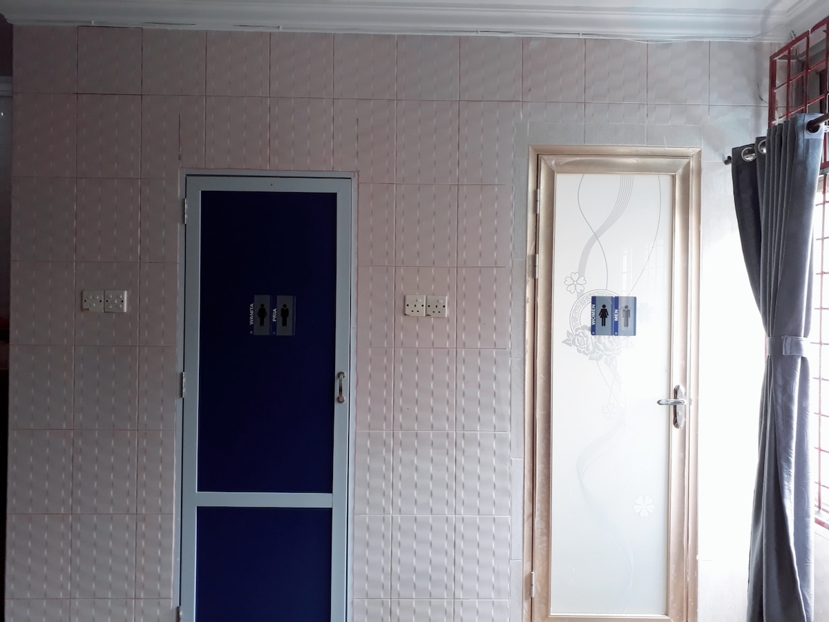 The image features a simple interior wall with soft pink tiles arranged in a textured pattern. A dark blue door stands on the left, while a white door with decorative glass accents is positioned on the right. Natural light streams through nearby window curtains.
