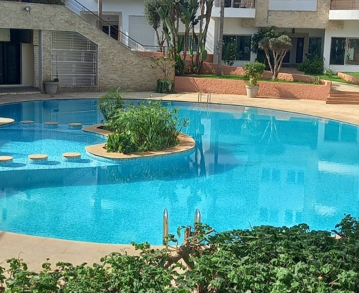 A refreshing swimming pool is surrounded by lush greenery and vibrant landscaping. Circles of stepping stones lead across the water, and gentle curves can be seen around the pool's edge. Sunlight reflects off the clear blue water, creating a serene atmosphere.