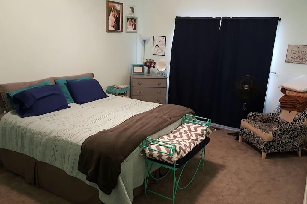 This is the master bedroom with bathroom attached. There is a king sized bed; guest sheets will be provided so the color of the bedding may differ. The curtains are light blocking.