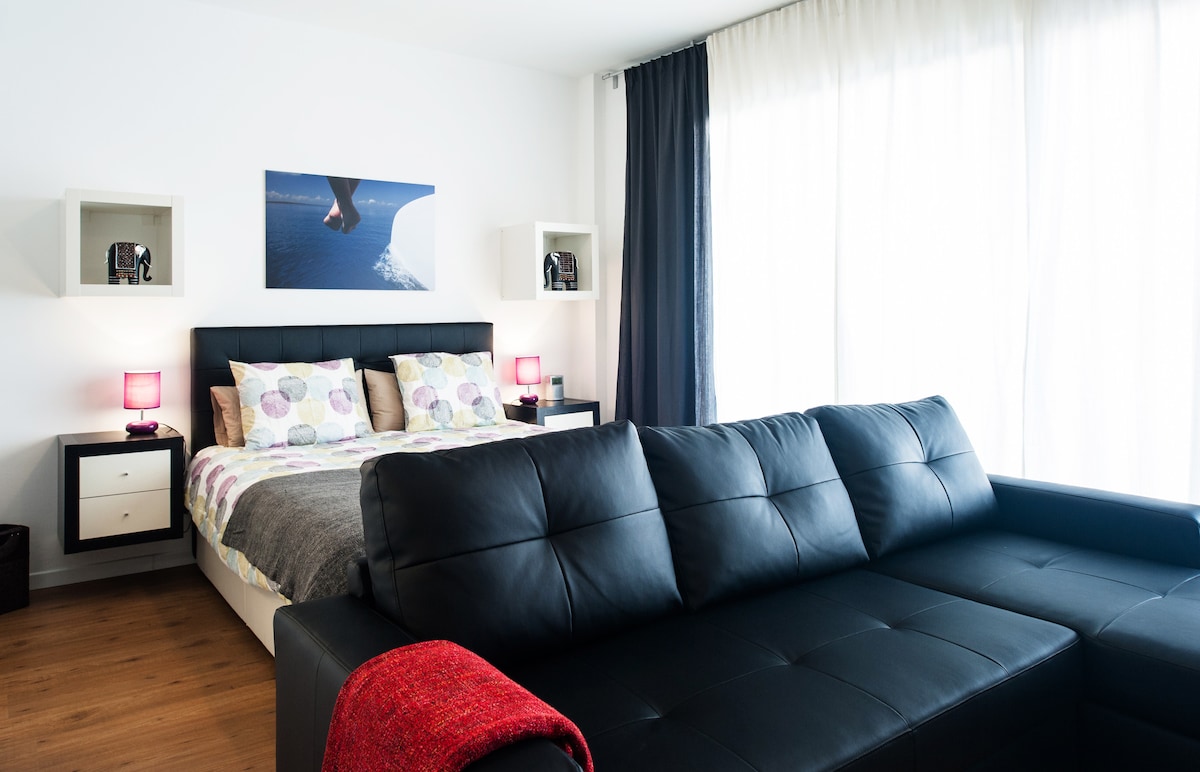 A modern bedroom features a spacious bed with colorful bedding and soft accent pillows. A large, dark sectional sofa is positioned nearby, complemented by contrasting light fixtures on either side of the bed. Generous windows provide ample natural light, framed by sheer white curtains.