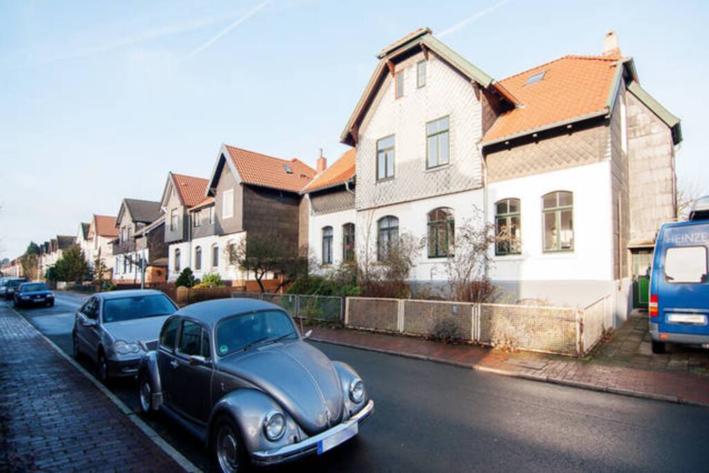 Quiet street with free parking space for your car in front of our house.