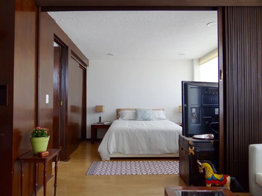 Bedroom with room divider.