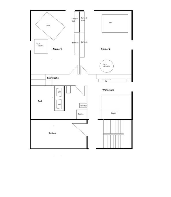 Der Grundriss der ca. 80 qm separaten Etage: zwei schön eingerichtete, helle Zimmer mit je einem 140x200cm-Queensize-Bett (für ein bis vier Personen), großes Bad, gemütlicher Wohnraum, Kochnische, Balkon.. Und viele Extras.
***** The floor plan of the separate floor which is approx. 80sqm in size: two lovely furnished, bright bedrooms - each with as Queen-size bed (140x200cm) – for one up to four persons, a large bathroom, a cozy living room, a kitchenette, a balcony…. And many extras.