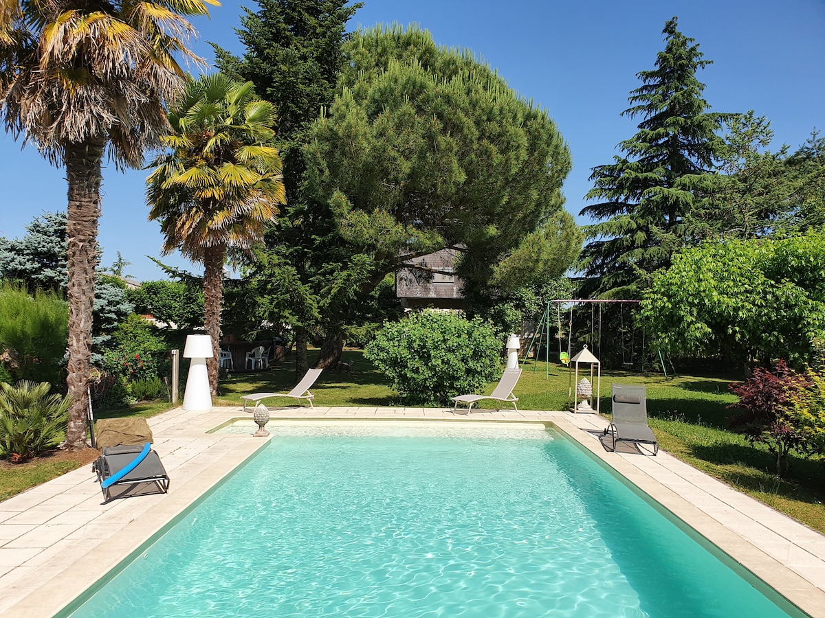 An outdoor pool is framed by lush greenery, featuring palm trees and a large conifer. Several lounge chairs are positioned around the pool area, along with a wooden swing set in the background. The clear blue sky enhances the serene surroundings.