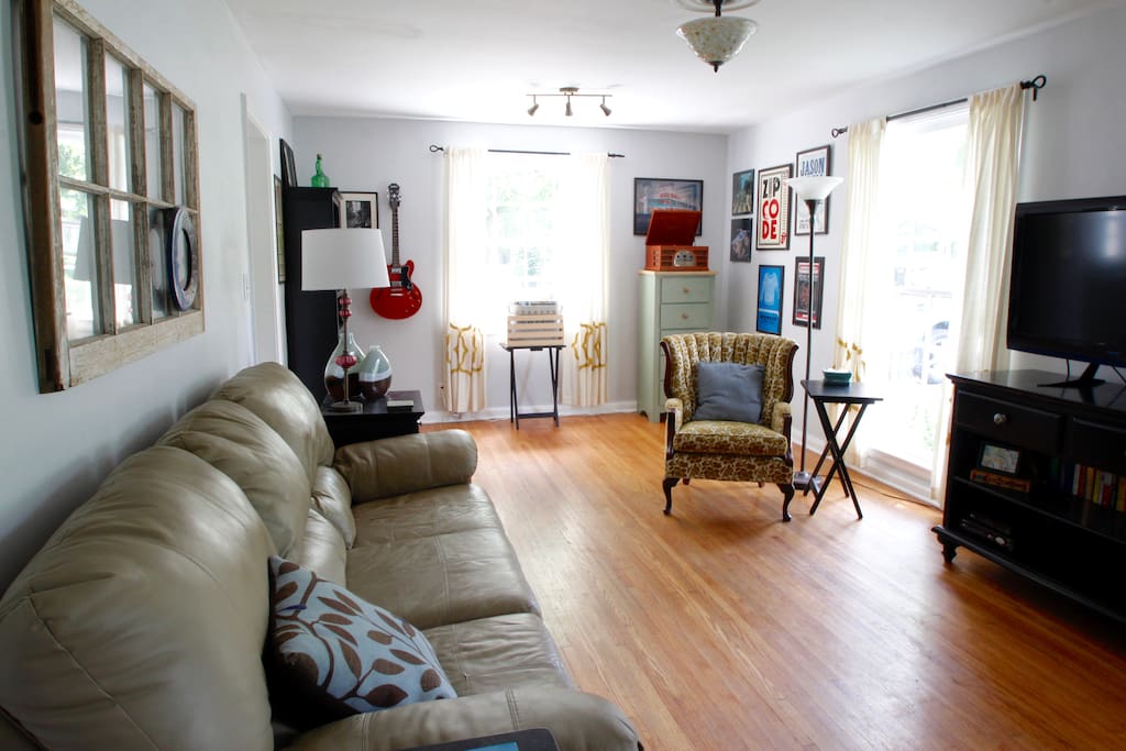 our living room is filled with sunlight, Nashville details, and is great for kicking back. (literally, the sofa has recliners on either end!)