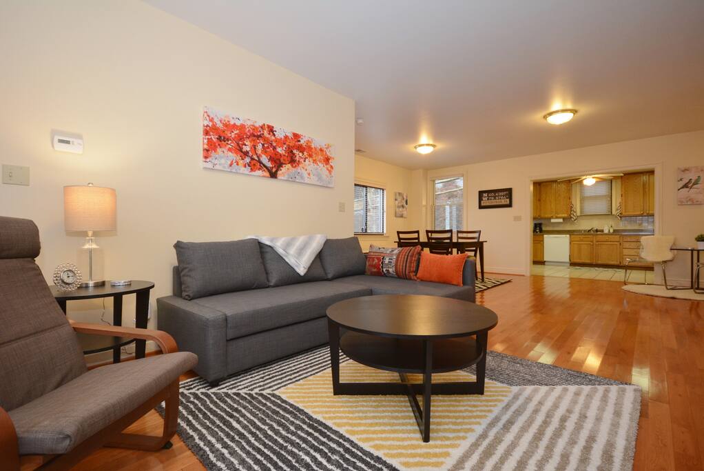 Spacious living area with open floor plan for you to relax or watch TV. The sofa doubles as a pull out couch (double/full size) with extra comforter, pillows, and pillow top.