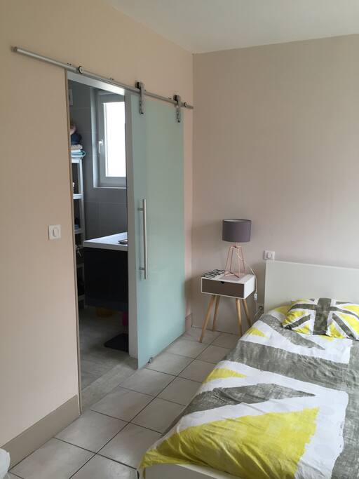 Chambre spacieuse et lumineuse avec salle de bain attenante.
