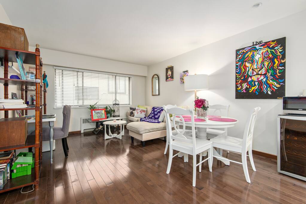 Bright and cozy with original artwork painted by the host.